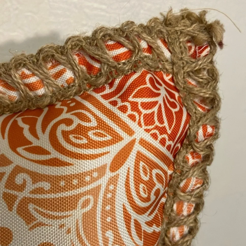 Mandala Patterned reversible Orange and yellow Throw Pillow with jute trim